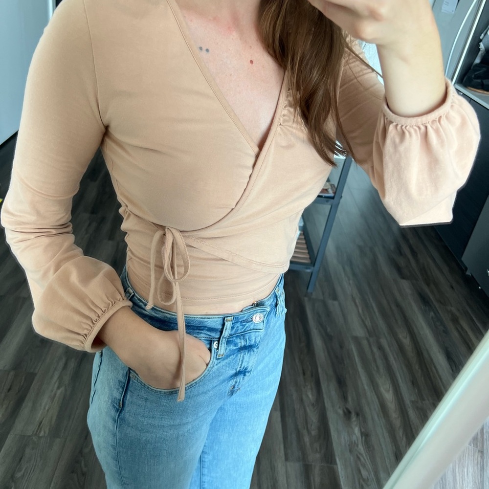 Topshop Tan 3/4 Sleeve Wrap Blouse with Tie Front